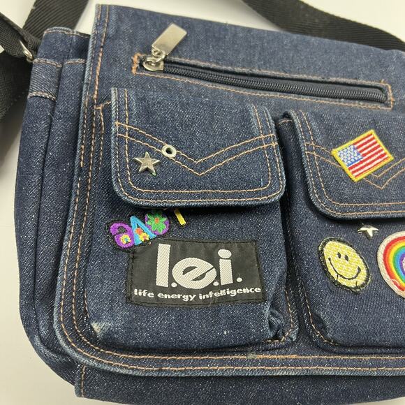 LEI Jeans Denim Crossbody Bag Blue American Flag Smiley Love Patches Y2K - Picture 3 of 14